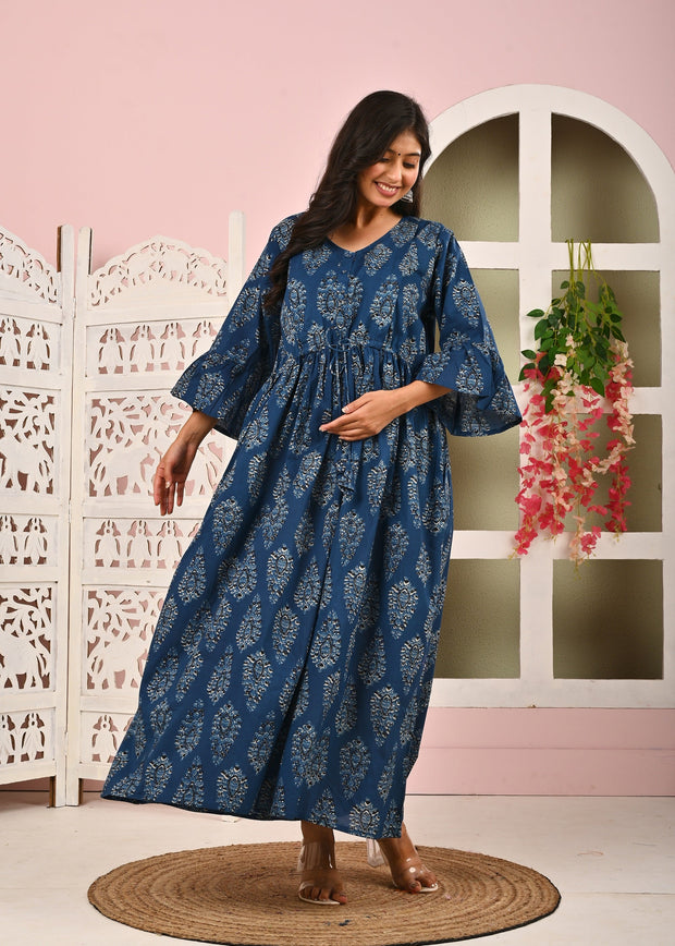 Blue Printed Maternity Dress fro Women