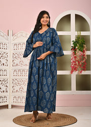 Blue Printed Maternity Dress fro Women