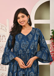 Blue Printed Maternity Dress fro Women