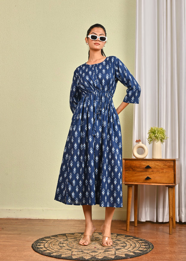 Women Blue Printed Flared Dress