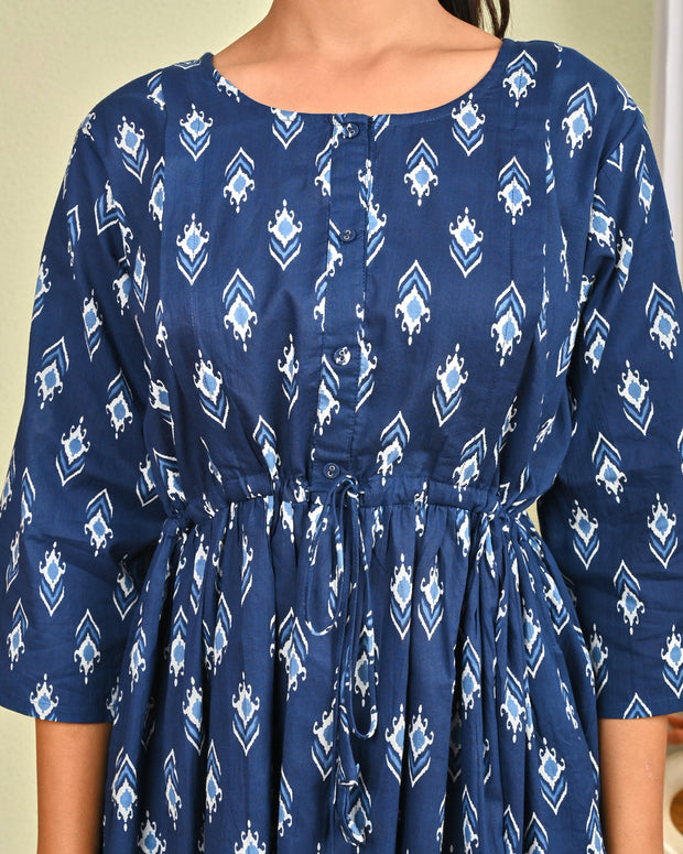Women Blue Printed Flared Dress
