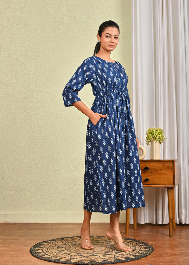 Women Blue Printed Flared Dress