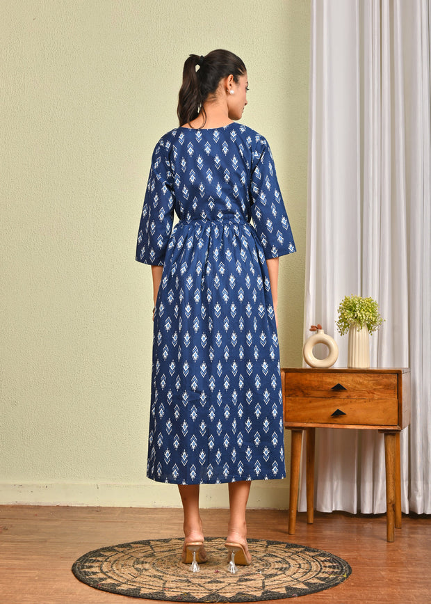 Women Blue Printed Flared Dress