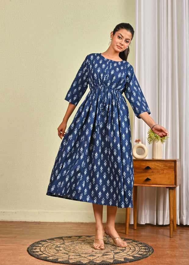 Women Blue Printed Flared Dress