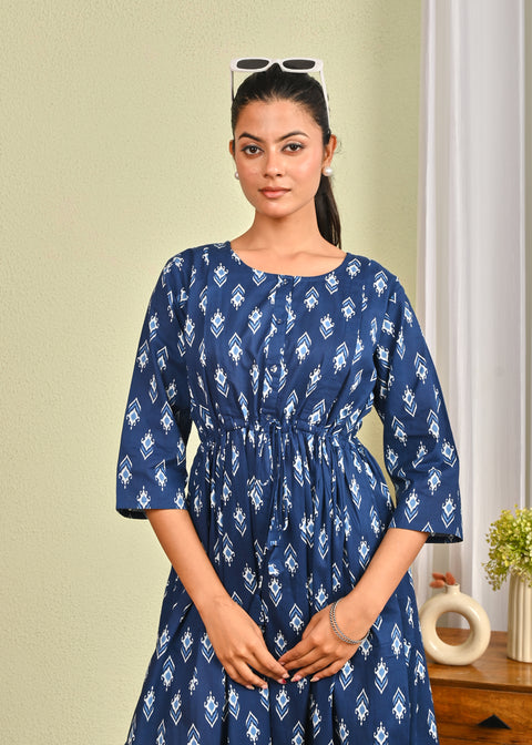 Women Blue Printed Flared Dress