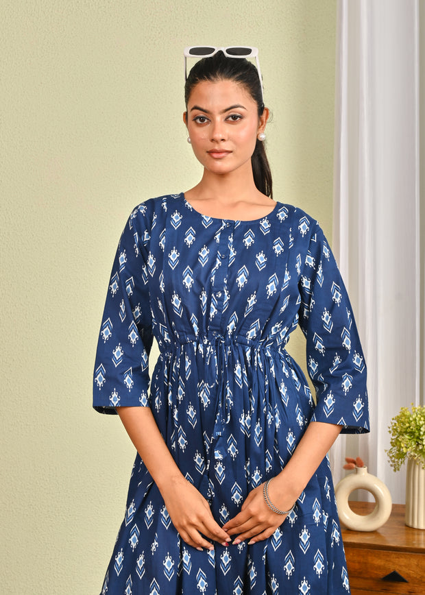 Women Blue Printed Flared Dress