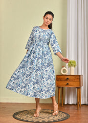 Women Off White & Blue Floral Printed Dress