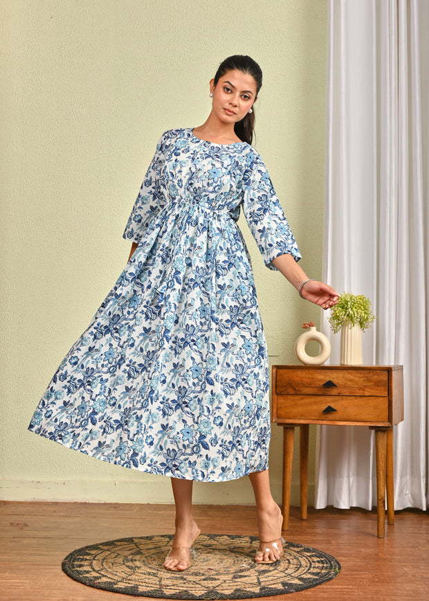 Women Off White & Blue Floral Printed Dress