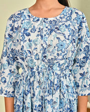 Women Off White & Blue Floral Printed Dress