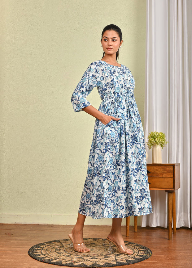 Women Off White & Blue Floral Printed Dress
