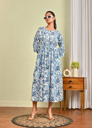 Women Off White & Blue Floral Printed Dress