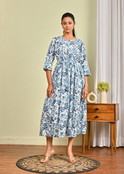 Women Off White & Blue Floral Printed Dress