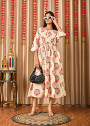 Women Off White & Blue Floral Printed Dress With Three Quarter Sleeves