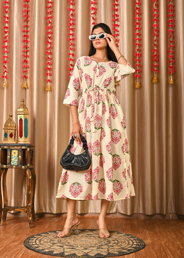 Women Off White & Blue Floral Printed Dress With Three Quarter Sleeves