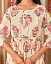 Women Off White & Blue Floral Printed Dress With Three Quarter Sleeves