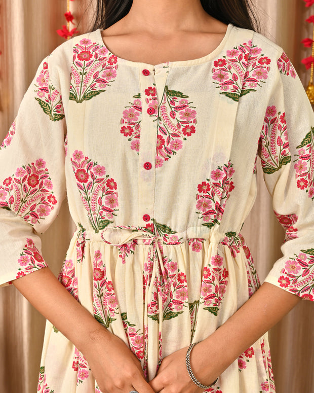 Women Off White & Blue Floral Printed Dress With Three Quarter Sleeves