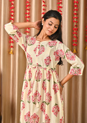 Women Off White & Blue Floral Printed Dress With Three Quarter Sleeves
