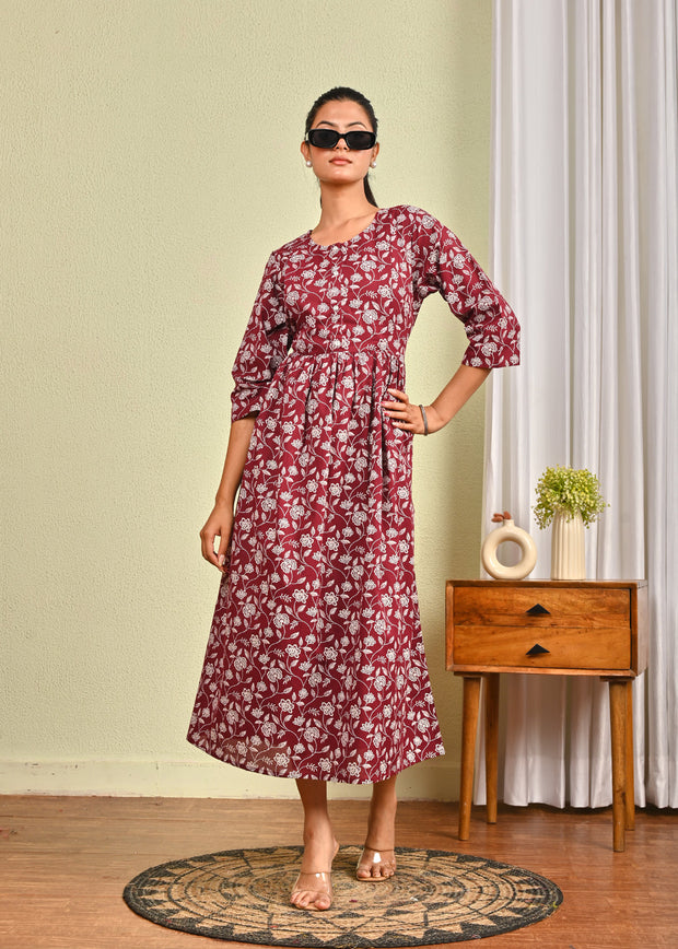 Women Burgundy Printed Flared Dress