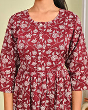 Women Burgundy Printed Flared Dress