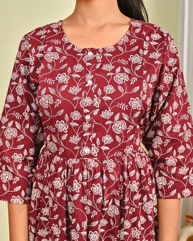 Women Burgundy Printed Flared Dress