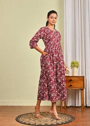 Women Burgundy Printed Flared Dress