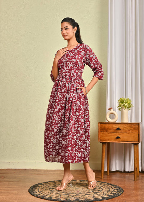 Women Burgundy Printed Flared Dress
