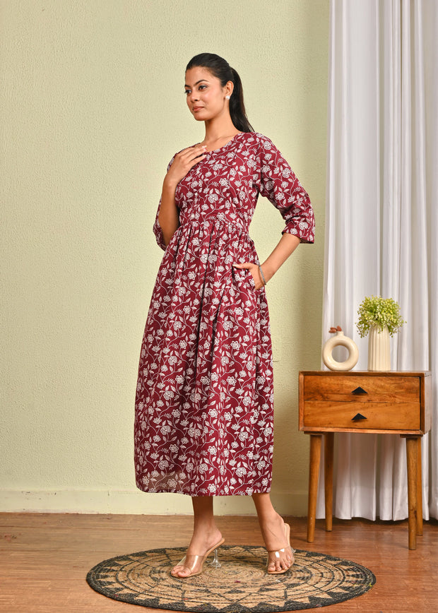 Women Burgundy Printed Flared Dress