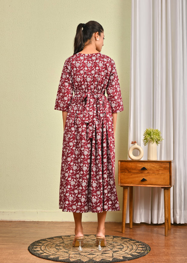 Women Burgundy Printed Flared Dress
