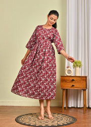 Women Burgundy Printed Flared Dress