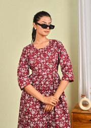Women Burgundy Printed Flared Dress