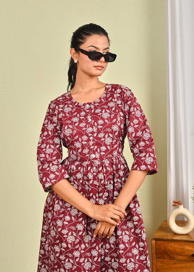 Women Burgundy Printed Flared Dress