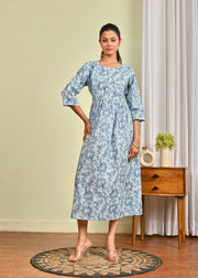 Women Blue Printed Flared Dress