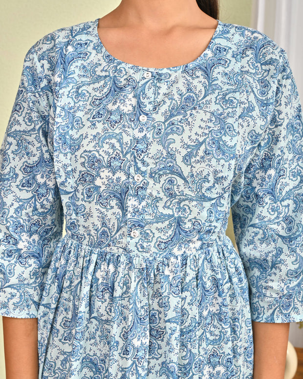 Women Blue Printed Flared Dress