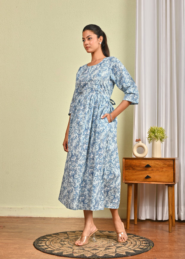 Women Blue Printed Flared Dress