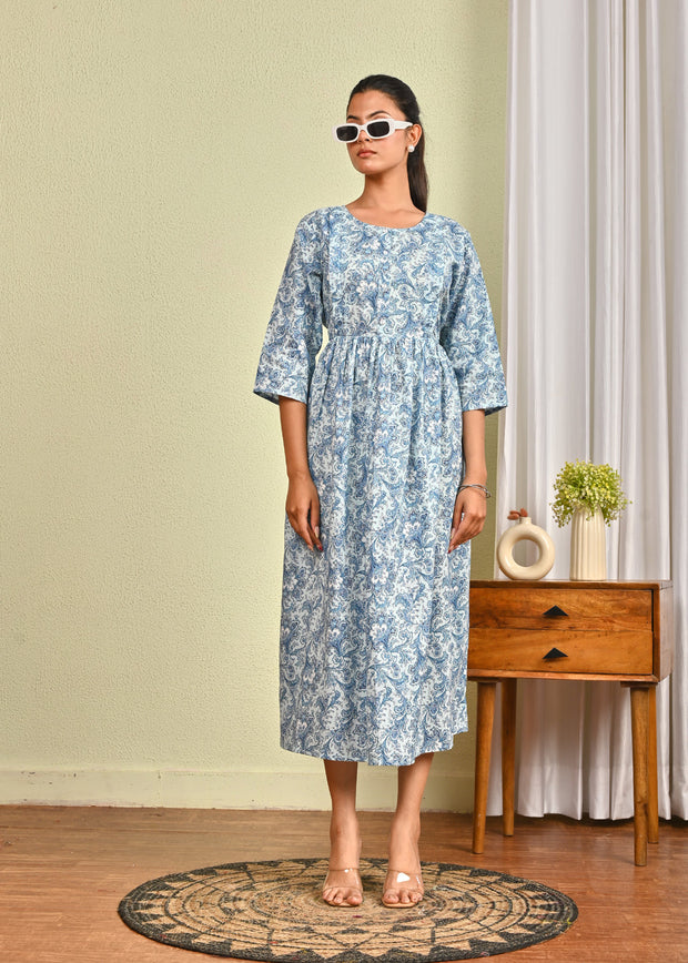 Women Blue Printed Flared Dress