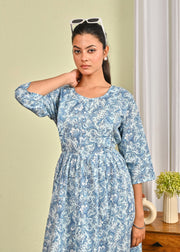 Women Blue Printed Flared Dress