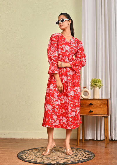 Women Red Printed Flared Dress