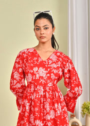 Women Red Printed Flared Dress