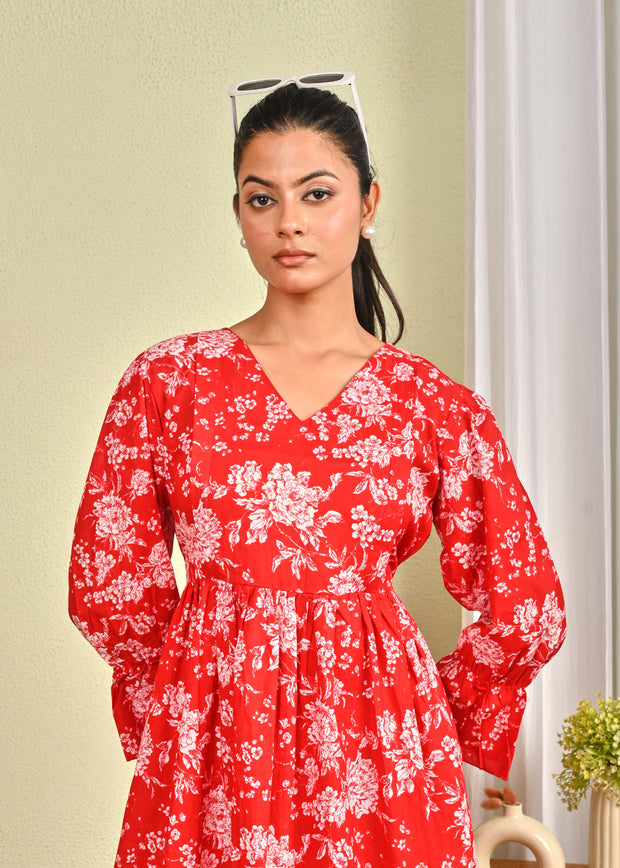 Women Red Printed Flared Dress