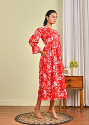 Women Red Printed Flared Dress