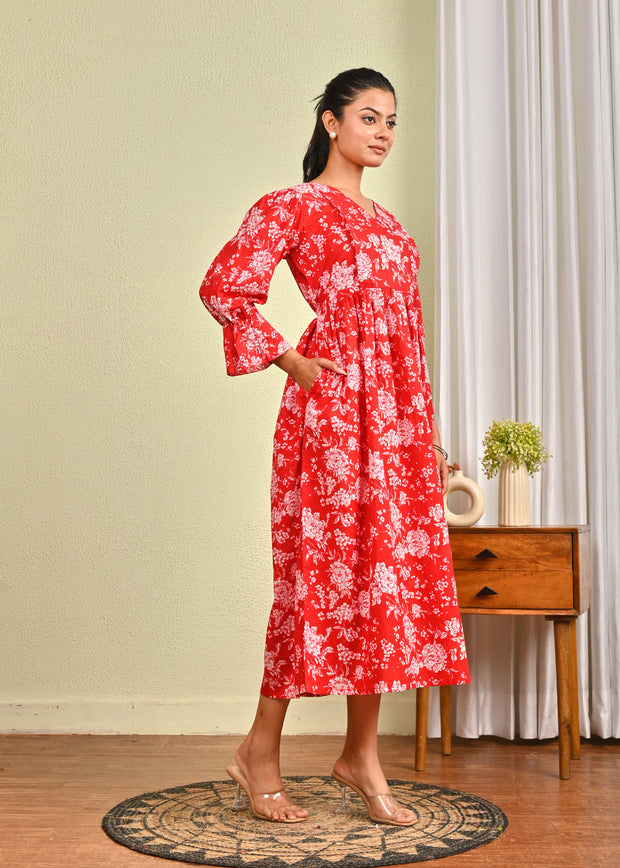 Women Red Printed Flared Dress