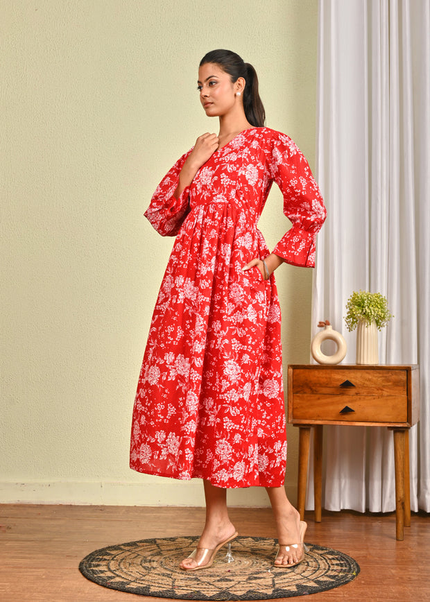 Women Red Printed Flared Dress