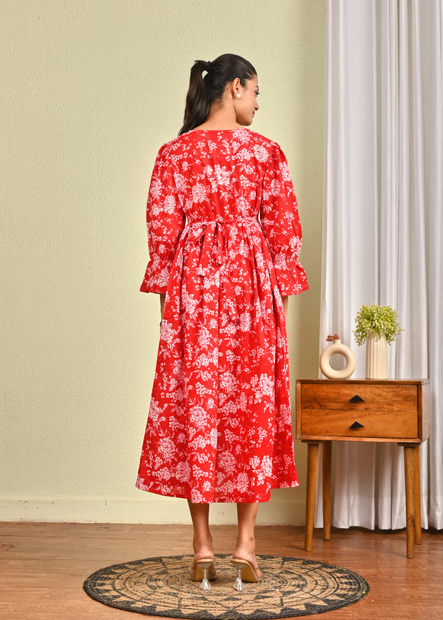 Women Red Printed Flared Dress