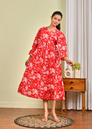 Women Red Printed Flared Dress