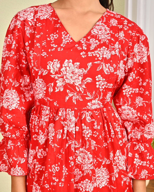 Women Red Printed Flared Dress