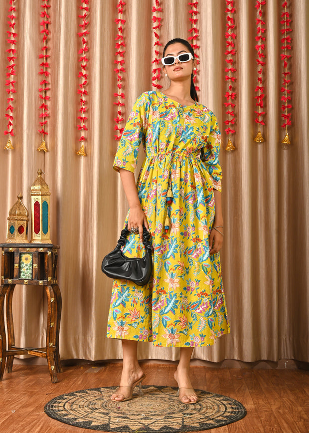 Women Yellow Printed Flared Dress