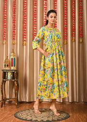 Women Yellow Printed Flared Dress
