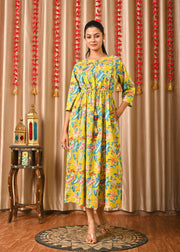 Women Yellow Printed Flared Dress
