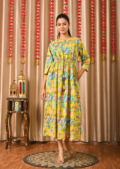 Women Yellow Printed Flared Dress