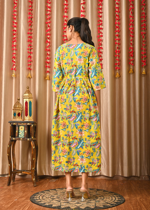 Women Yellow Printed Flared Dress